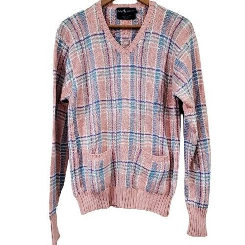 Ralph Lauren Sweater Womens Size Medium Vintage 90s Pink Blue Plaid Knit V-Neck